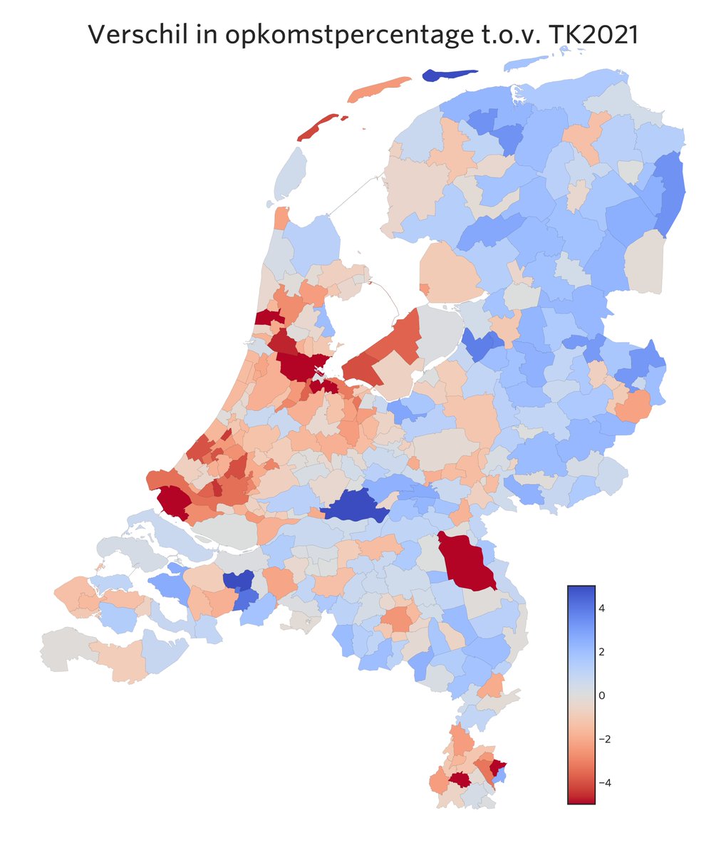 Plotje van vanavond: verschil in opkomstpercentage t.o.v. vorige verkiezingen. In blauwe gebieden zijn rel. meer mensen op komen dagen, in rode gebieden minder.