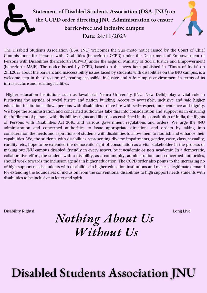 🧵 on Statement of Disabled Students Association (JNU) on the CCPD order directing JNU Administration to ensure barrier-free & inclusive campus
@socialpwds 
@rajeshaggarwal 
@ShreyaG9401 @timesofindia @JNU_official_50 @ugc_india @akeel_usmani @drag_org @armanaly @drsitu @NPRD_IN