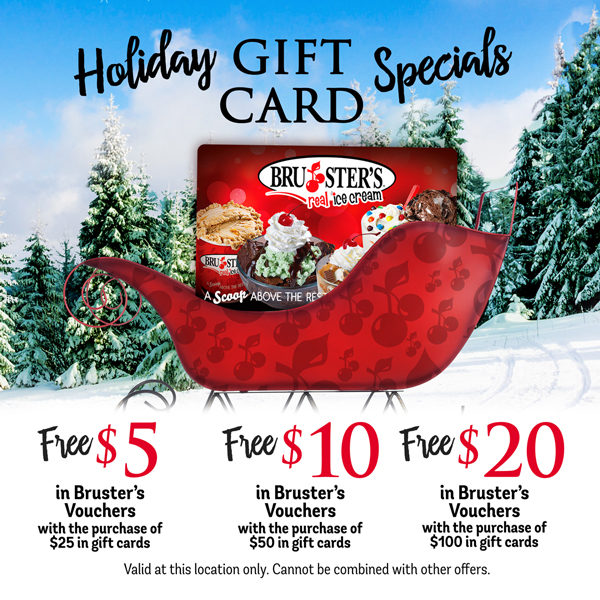 Gifts are nice, but #Brusters gift cards are even sweeter. 🎁 Get $5-$20 in FREE vouchers for gift card purchases of $25 or more! Check with your local Bruster's for voucher availability.