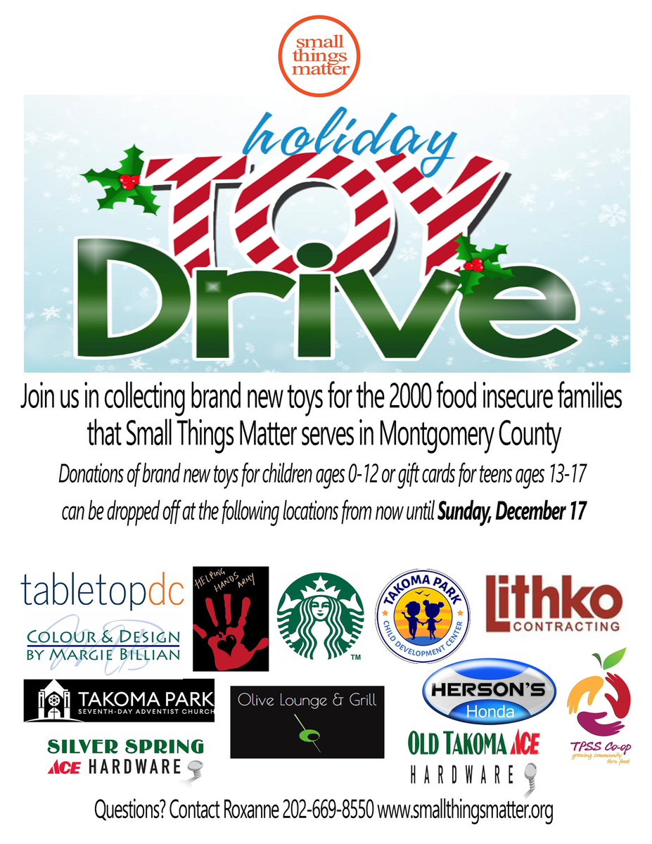 Small Things Matter (@stmdotorg) on Twitter photo Help make the holidays brighter for the children we serve by donating a toy at <a href="/HersonsHonda/">Herson's Honda</a> <a href="/thetpchurch/">Takoma Park SDA Church</a> <a href="/LithkoLLC/">Lithko Contracting</a> <a href="/TPSScoop/">TPSScoop</a> <a href="/AceHardware/">Ace Hardware</a> <a href="/olive_lounge/">Olive_Lounge</a> The Studio Of Colour and Design, Tabletop, Helping Hands Army, <a href="/Starbucks/">Starbucks</a> Westside, Takoma Park Child and Development Center Help make the holidays brighter for the children we serve by donating a toy at <a href="/HersonsHonda/">Herson's Honda</a> <a href="/thetpchurch/">Takoma Park SDA Church</a> <a href="/LithkoLLC/">Lithko Contracting</a> <a href="/TPSScoop/">TPSScoop</a> <a href="/AceHardware/">Ace Hardware</a> <a href="/olive_lounge/">Olive_Lounge</a> The Studio Of Colour and Design, Tabletop, Helping Hands Army, <a href="/Starbucks/">Starbucks</a> Westside, Takoma Park Child and Development Center