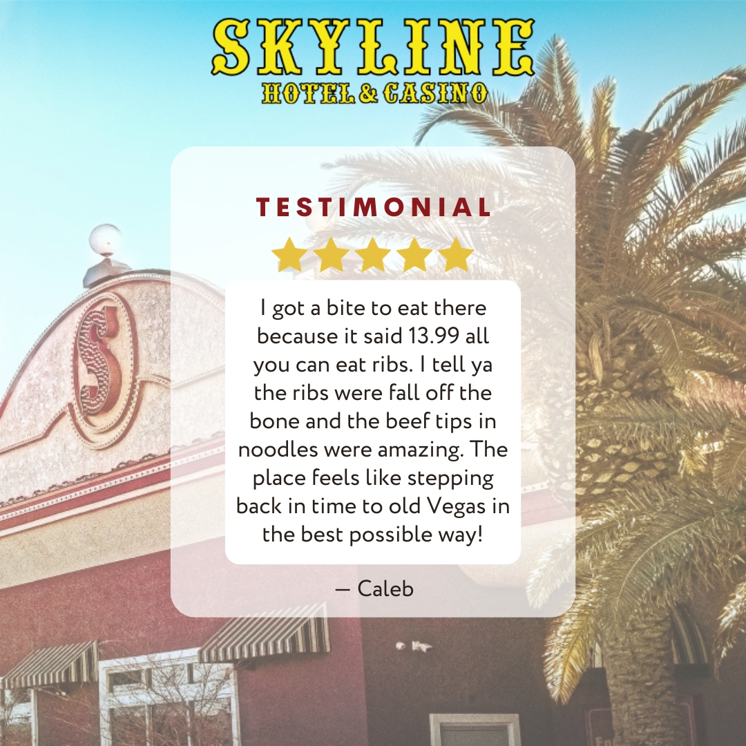 Come take a step back in time to old Vegas at Skyline Hotel & Casino! 🎰 And enjoy some fantastic ribs while you're here 🍖😋

#SkylineHotelandCasino #Hotel #Casino #Nevada #Review #FiveStarReview #Testimonial #Vintage #VintageVegas #ModernAmenities #Henderson #LasVegas #Resort