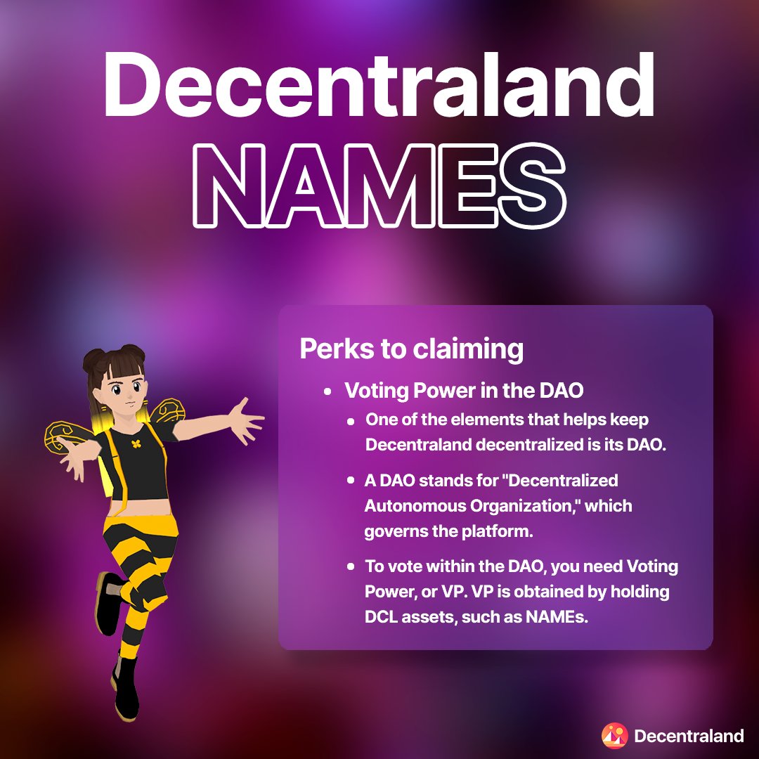 decentraland's tweet photo. One of the elements that helps keep Decentraland decentralized is its DAO.

A DAO stands for "Decentralized Autonomous Organization," which governs the platform.

To vote within the DAO, you need Voting Power, or VP.

VP is obtained by holding DCL assets, such as NAMEs. https://t.co/ocOmNrUU8X