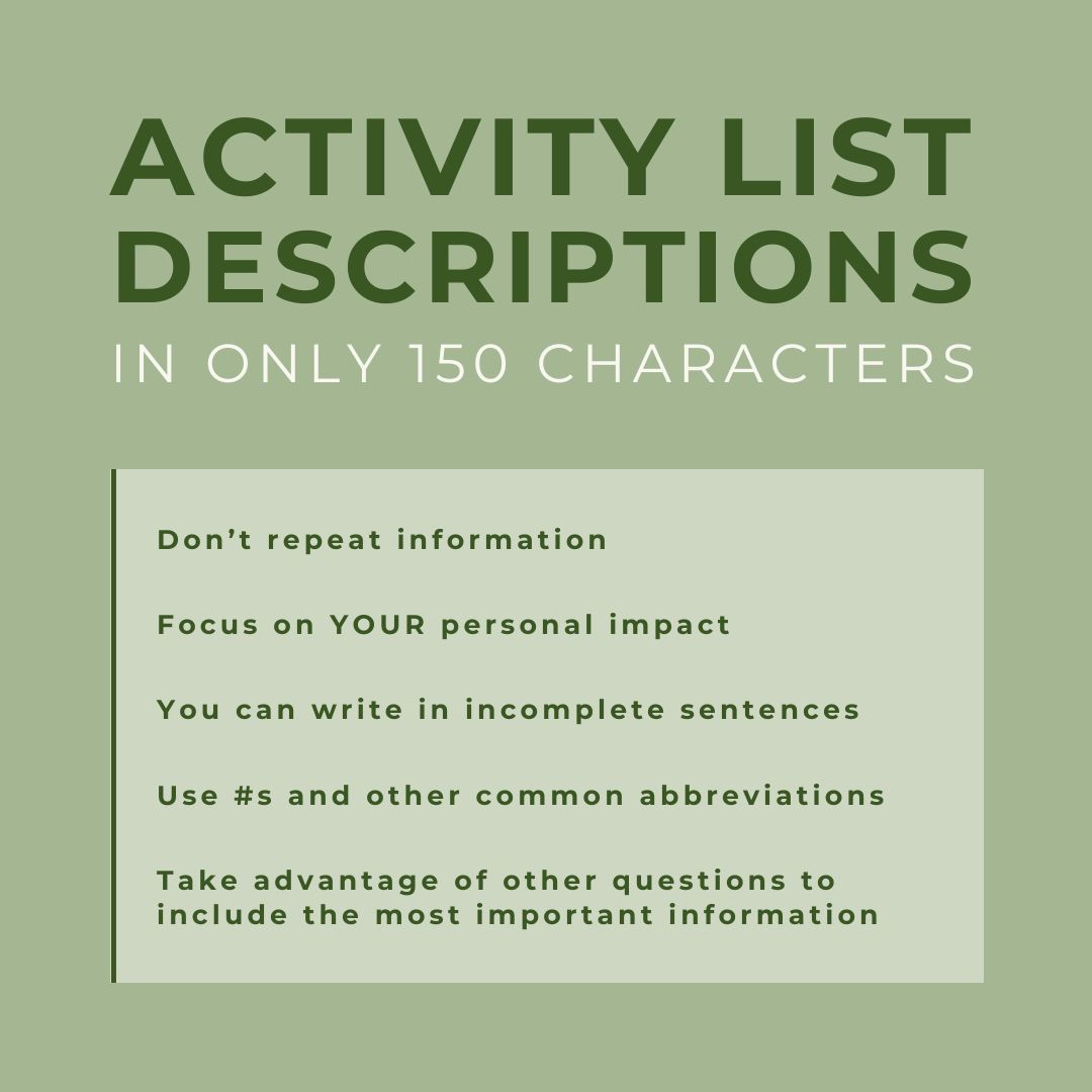 CRmentors's tweet image. The Activity List is an essential part of the Common Application. Your impact on your extracurricular activities will help your Activity List stand out. Use these tips to get the most out of the 150 characters!💻🏆
#crossroadsmentors #collegeplanning #activitylist #commonapp #CRM