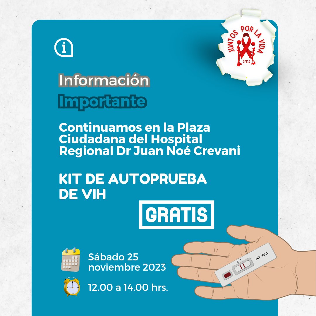 JuntosporlaVida's tweet photo. Hola 👋, pasamos a recordarles, mañana Sábado 25, estaremos en la Plaza Ciudadana del @HospitalArica, distribuyendo kits de Auto Test de Vih GRATUITOS, desde las 12.00 a 14 hrs.
Les esperamos 😁
Recuerda: Prevenir esta en tus manos ✋️
#Autotestvih #Prevención #Autonomía https://t.co/zlDe9i3VzQ