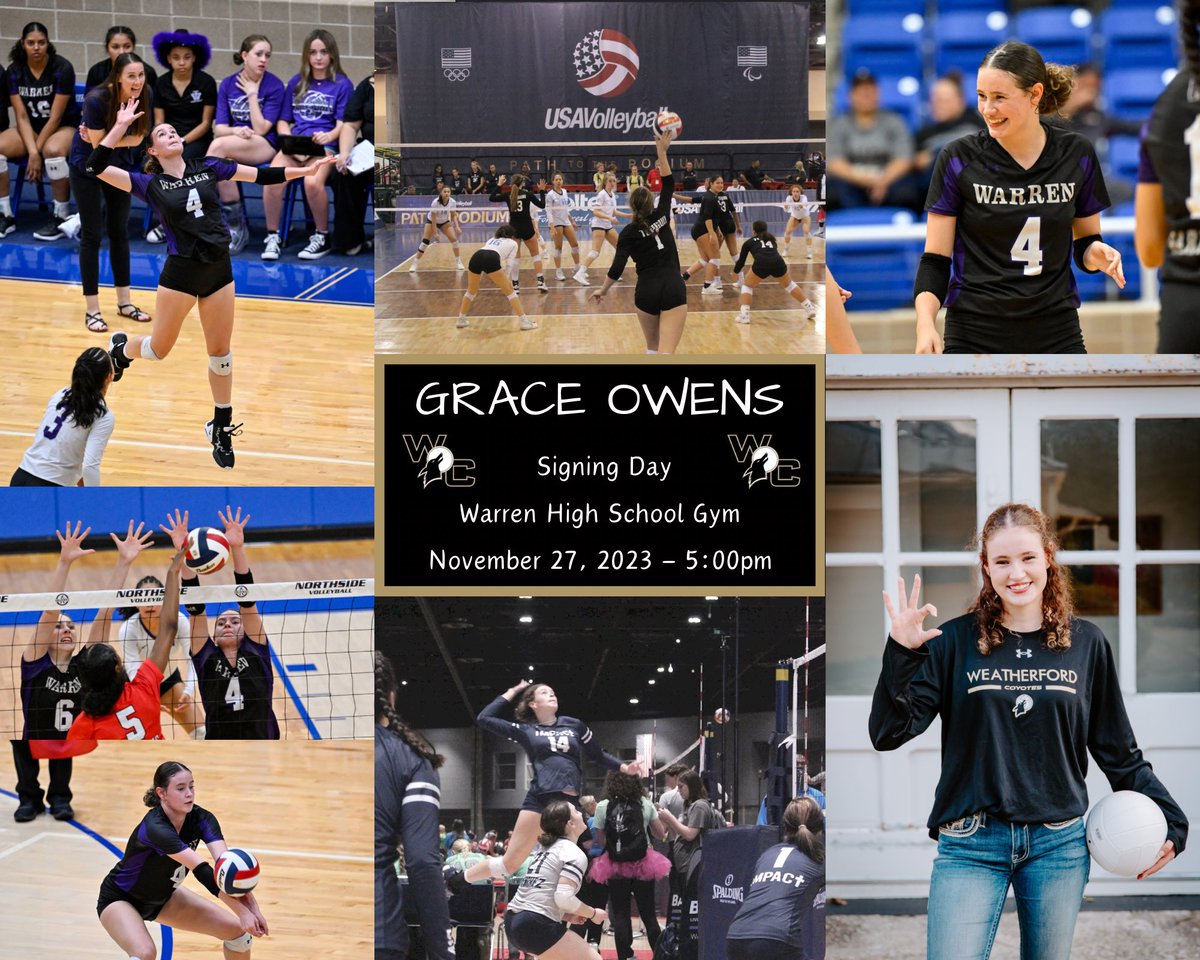 Grace Owens (@grace_owens_14) on Twitter photo Come join me this Monday the 27th at 5:00 as I sign to continue my athletic and academic career to Weatherford College. <a href="/EWVB/">Warren Volleyball</a> —> #DubC Come join me this Monday the 27th at 5:00 as I sign to continue my athletic and academic career to Weatherford College. <a href="/EWVB/">Warren Volleyball</a> —> #DubC