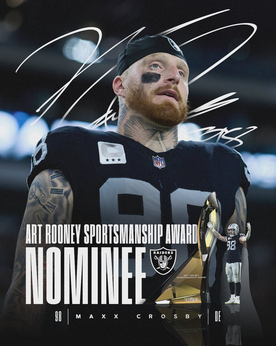 Raiders's tweet photo. 🦅 @CrosbyMaxx  nominated for 2023 Art Rooney Sportsmanship Award

📰 https://t.co/fR3NzNMHxx https://t.co/h7rfPNM5aC