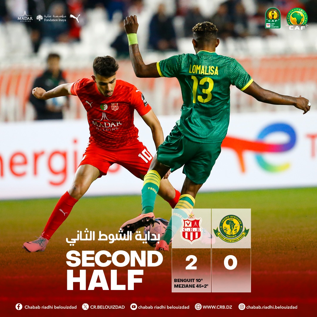 Crbelouizdadoff's tweet image. #SECONDHALF 
#بداية_الشوط_الثاني
🟥⬜ CRB 2-0 YA 🟩🟨