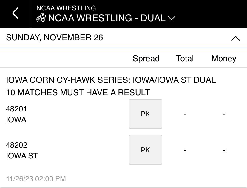 We got Live odds @Hawks_Wrestling vs @CycloneWR this Sunday. Who you got? #iowahawkeyes #hawkeyewrestling #iowastate #cyclonewrestling #ncaawrestling #collegewrestling #wrestling #cyhawk #cyhawkdual