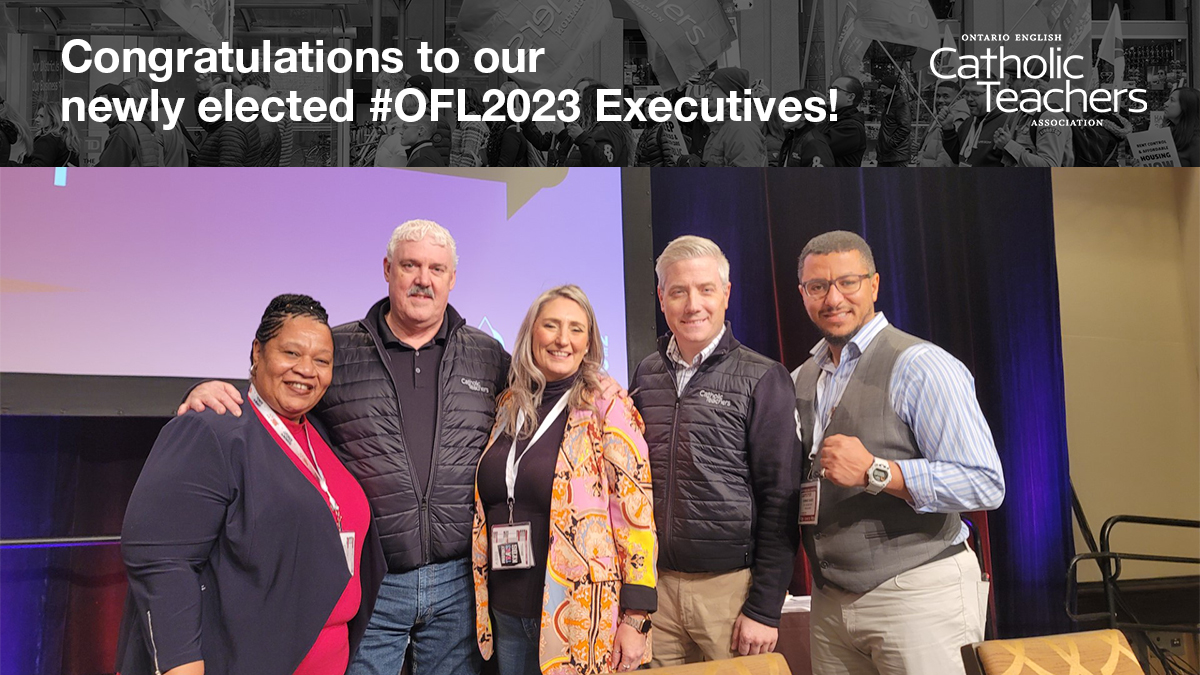 🥳#CatholicTeachers congratulate our newly elected #OFL2023 Executives! President-Elect @waltonmom Secretary Treasurer-Elect @ahmadgaiedOFL Executive VP-Elect @JackieOfl @OFLabour & Ontario workers are in good hands as we move forward & cont. the fight for our rights!✊ #onlab