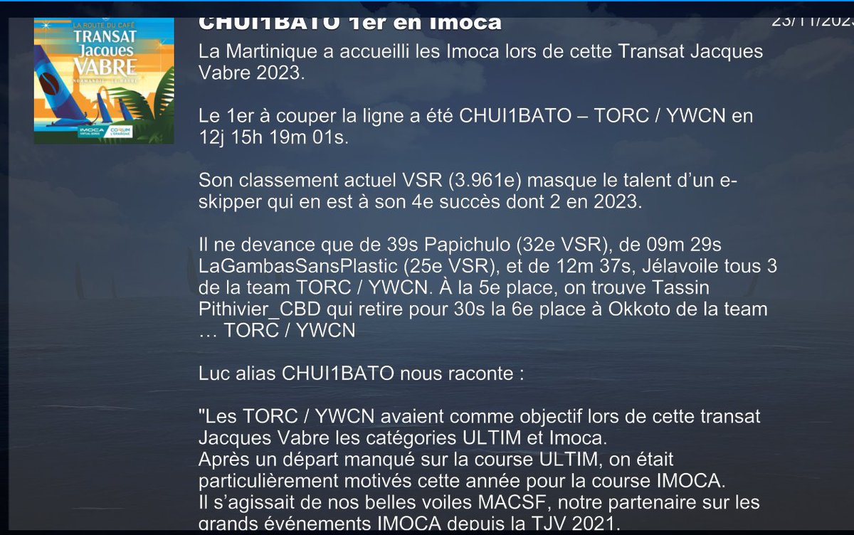 TorceSailing's tweet image. Quand le vainqueur de la @TransatJV sur #imoca @VoileMACSF @CHUI1BATO se fait interviewer par @VirtualRegatta , ça donne un article génial qui montre la cohésion de la team #torcesailing Yes @WeCannette et toute la reconnaissance que nous avons pour nos sponsors #macsf #ywcn #vro