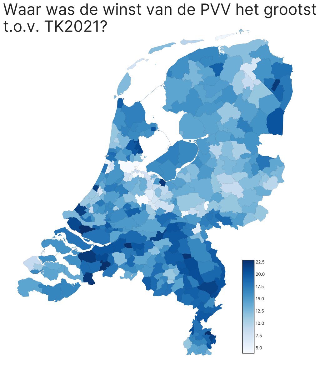 Waar was de winst van de PVV het grootst t.o.v. 2021?

Korte antwoord: overal, maar vooral onder de rivieren.