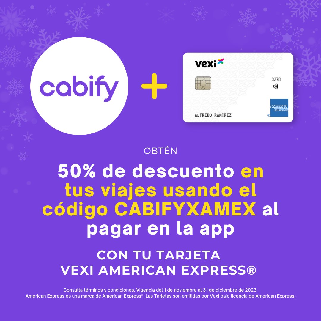 veximx's tweet photo. ¡Aprovecha las ofertas del "viernes negro" con tu Tarjeta Vexi American Express®! 🤩🥳

Conoce términos y condiciones: https://t.co/fWI5HvLFBx

#Suburbia #Doctoralia #Facconable #Cabify https://t.co/KG6IsAOWtF
