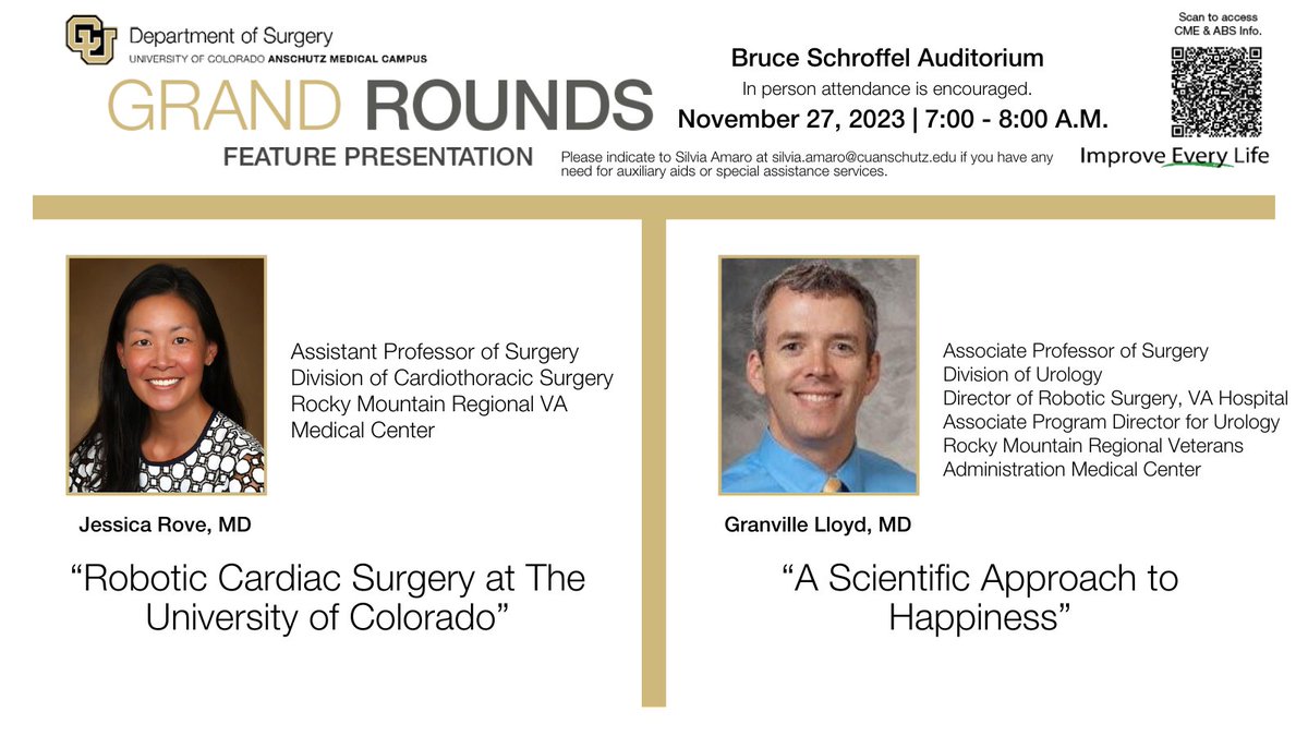 CUDeptSurg's tweet photo. The next CU Department of Surgery Grand Rounds is 11/27 at 7:00 a.m. and features faculty members Jessica Rove, MD, and @CU_Urology's Granville Lloyd (@BlueLakesRoad), MD.

Can't attend in person? Tune in via Zoom here: https://t.co/5EIsTOYIqu https://t.co/n1Uqvp6Gol