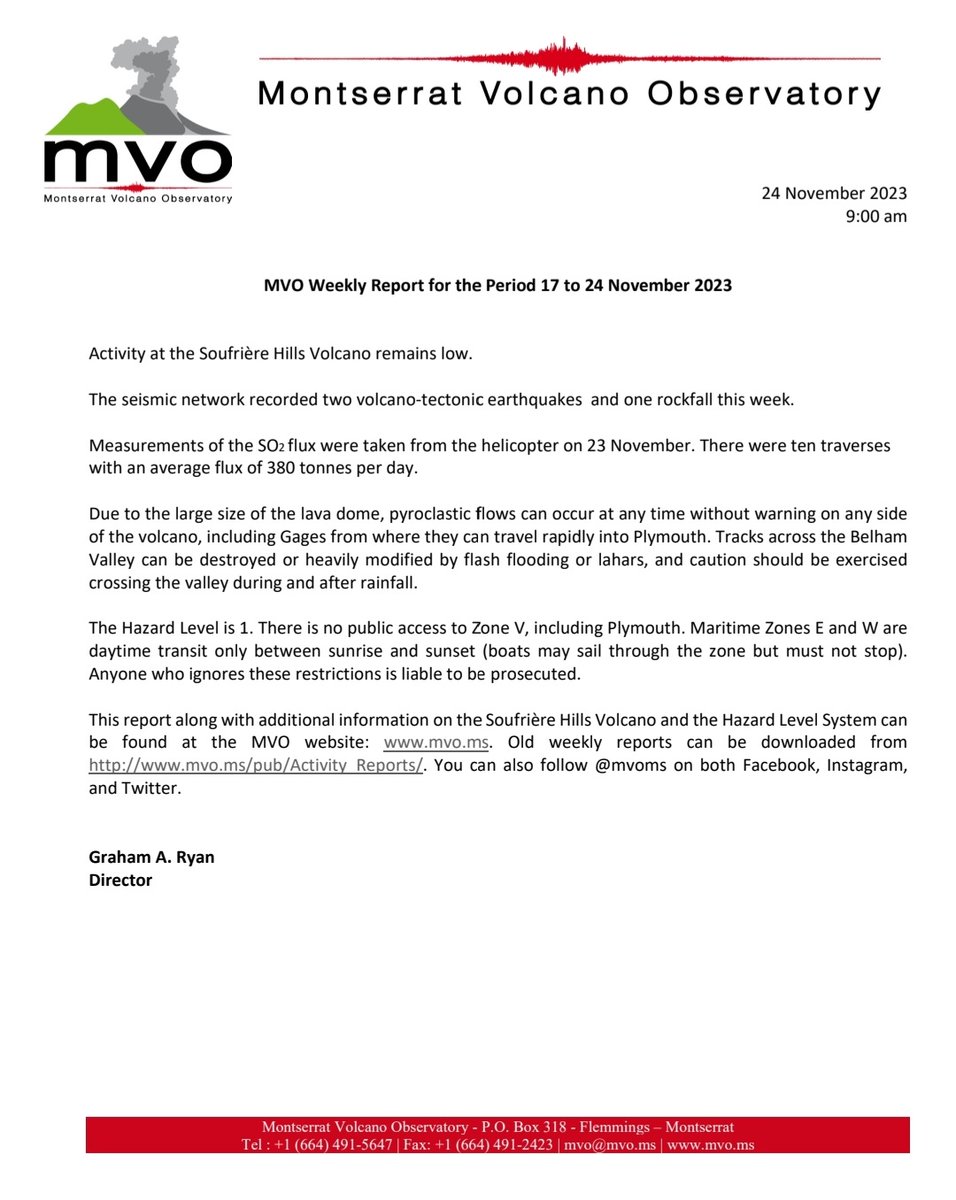 mvoms's tweet photo. #MVOWeeklyReport for the period 17  to 24 November 2023. This report along with additional information on the #SoufrièreHillsVolcano and the Hazard Level System can be found at the #MVO website: https://t.co/Rg7OEBPl1W. https://t.co/f0KfWFD1yf