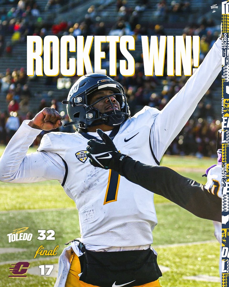 ToledoFB's tweet photo. 𝘙𝘰𝘤𝘬𝘦𝘵𝘴 𝘞𝘪𝘯 𝙍𝙤𝙘𝙠𝙚𝙩𝙨 𝙒𝙞𝙣‼️

Toledo extends its winning streak to 𝟭𝟭 𝗶𝗻 𝗮 𝗿𝗼𝘄, its highest in a season since 1971 🚀

#TeamToledo #MACtion https://t.co/7cWg9jUX0x