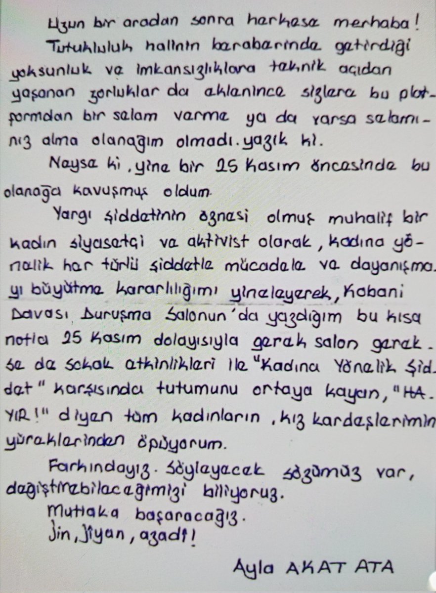 Sincan kadın kapalı cezaevinden mücadeleyi büyüten tüm halkımıza selam ve sevgilerimi iletiyorum. Jin, jîyan, azadî!