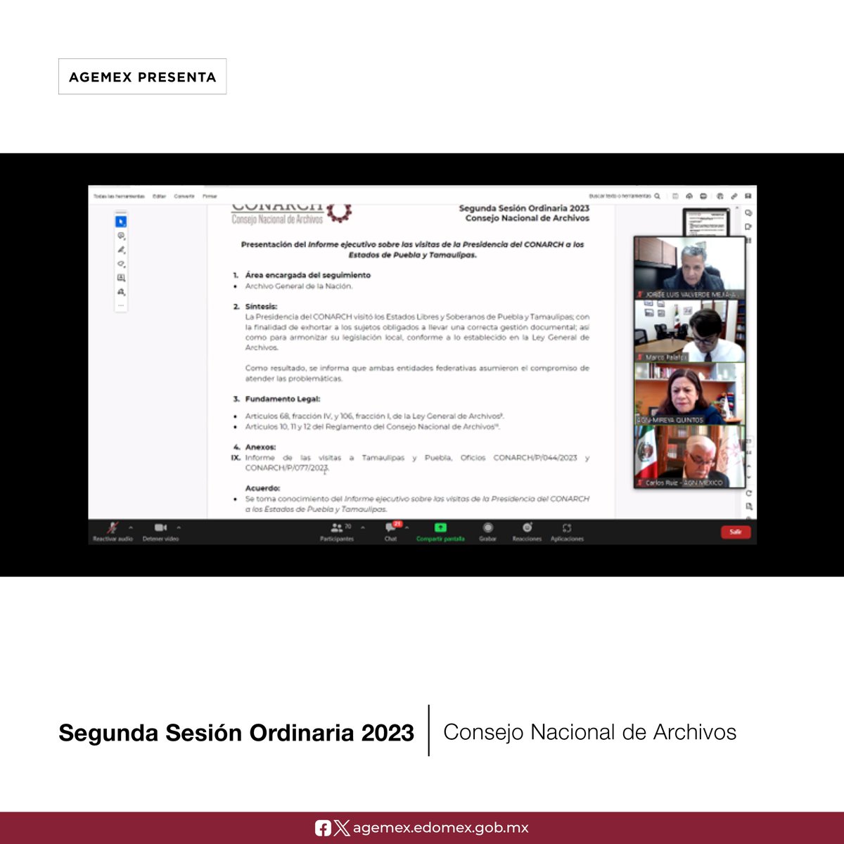 agem_mex's tweet photo. El @agem_mex asistió a la #SegundaSesiónOrdinaria2023 del Consejo Nacional de Archivos #CONARCH, en la se presentaron los informes ejecutivos de actividades y  las acciones que ayudarán a garantizar el desarrollo en materia archivística. #EstoSomosYEnEstoCreemos #AGEMÉX https://t.co/4DnhlAw4qy