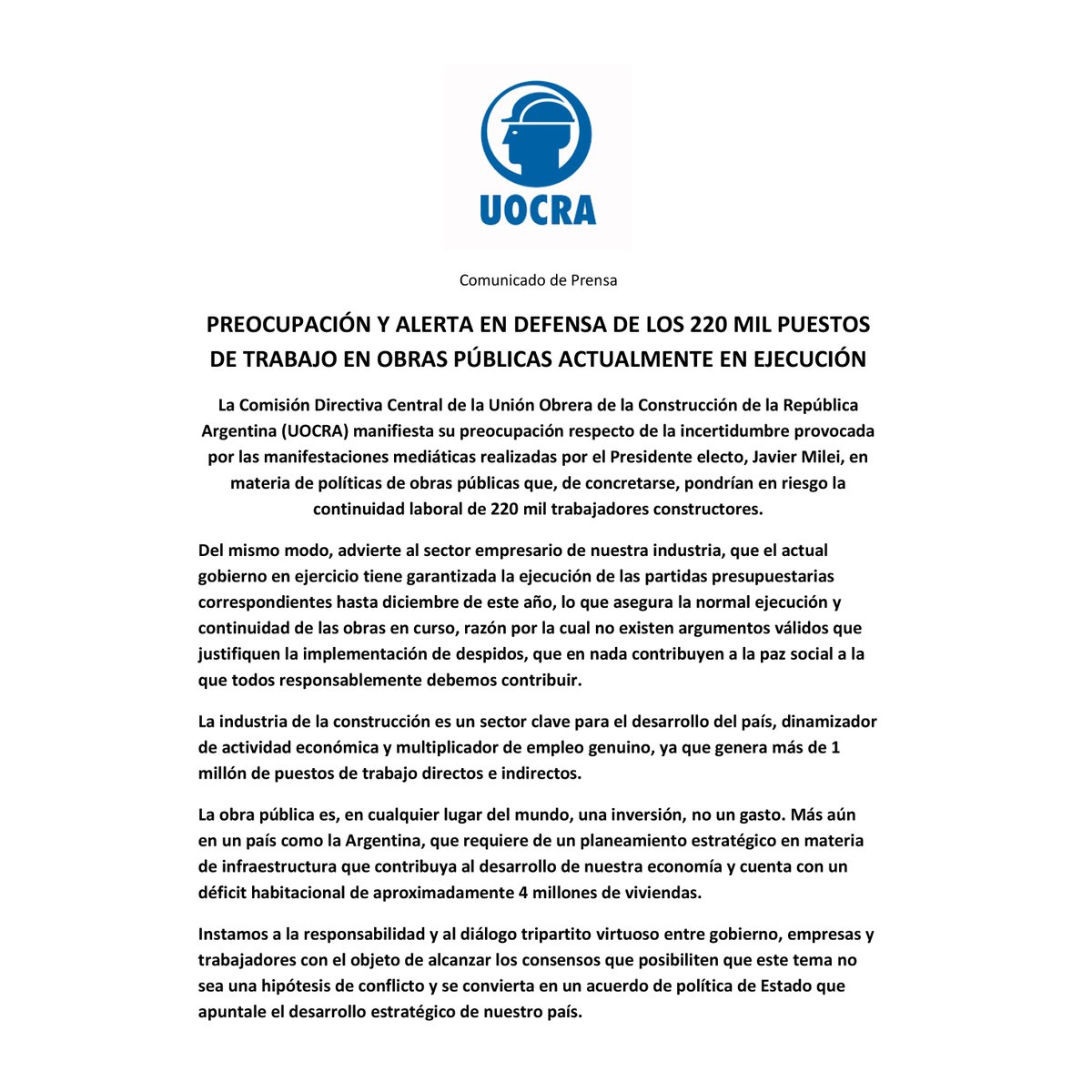 uocra's tweet photo. PREOCUPACIÓN Y ALERTA EN DEFENSA DE LOS 220 MIL PUESTOS DE TRABAJO EN OBRAS PÚBLICAS ACTUALMENTE EN EJECUCIÓN https://t.co/ZmZAn29pc6