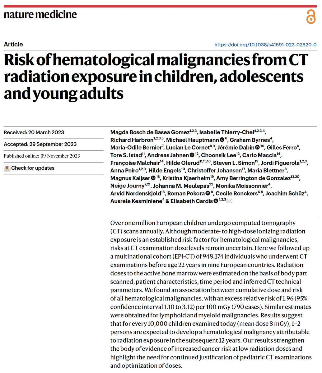 pnatarajanmd's tweet photo. Among nearly 1M in Europe getting CT scans at 10-22y (without cancer diagnosed 1y after CT) followed mean 7.8y, there was a dose-dependent response of radiation exposure to heme malignancy risk. 
Would suspect higher rates of clonal hematopoiesis as well...
https://t.co/8Riumxj34B @NatureMedicine