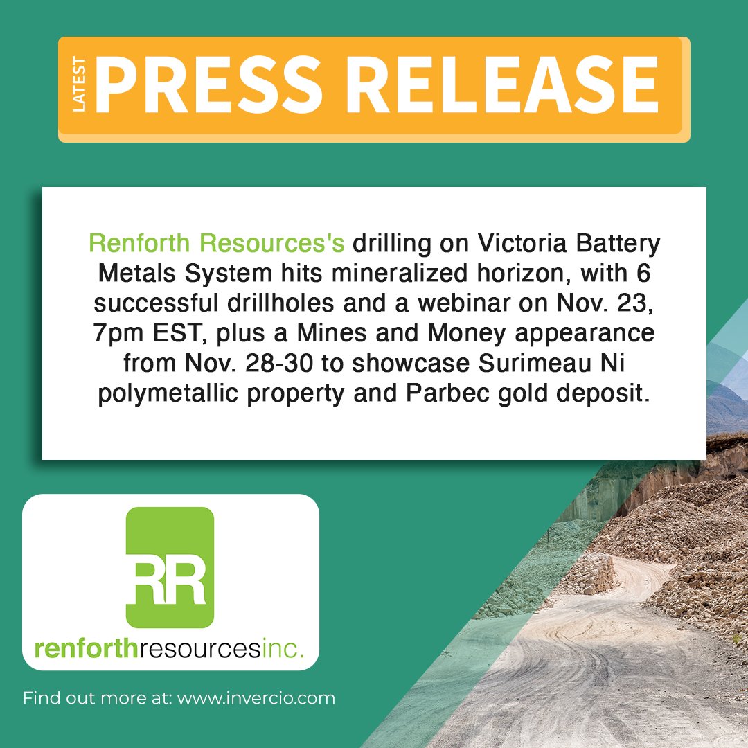 Exciting updates from @RenforthRes as drilling on Victoria Battery Metals System consistently hits mineralized horizon! 🚀 💎✨
#Exploration #MiningNews #InvestingOpportunity #Mining #MineralExploration #ResourceInvesting #MiningFinance #MetalsandMining #InvestmentOpportunity