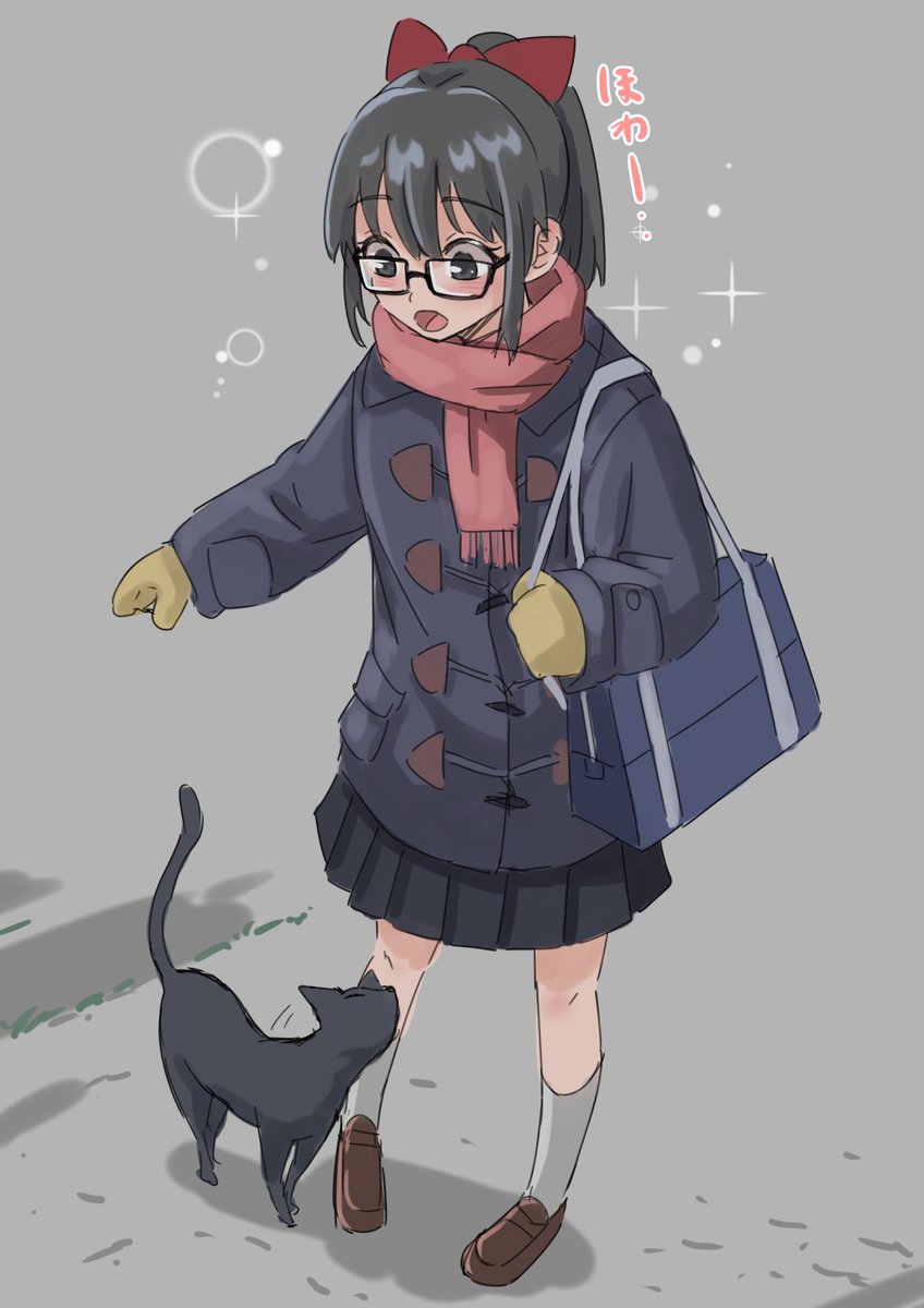 1girl scarf cat glasses skirt bag red bow  illustration images