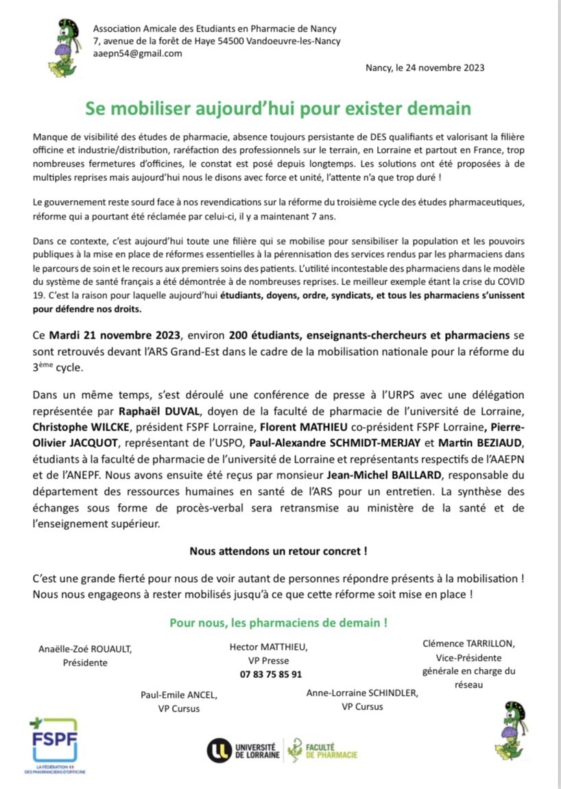 Bonsoir, voici le communiqué de presse sur la mobilisation du 21 novembre à propos de la réforme du 3e cycle des études de pharmacie.