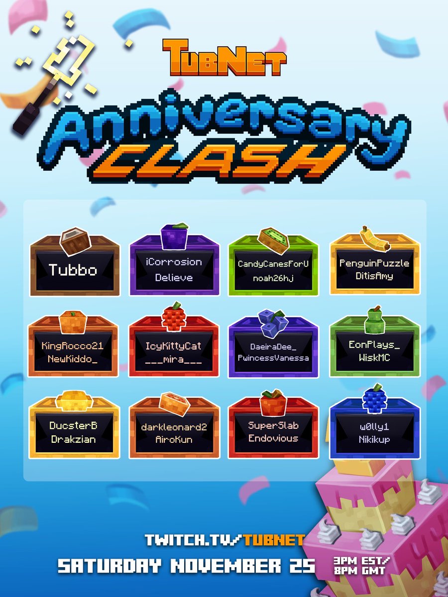 It’s nearly our one year anniversary, so check out the roster for TubNet’s Anniversary Clash! 🥳