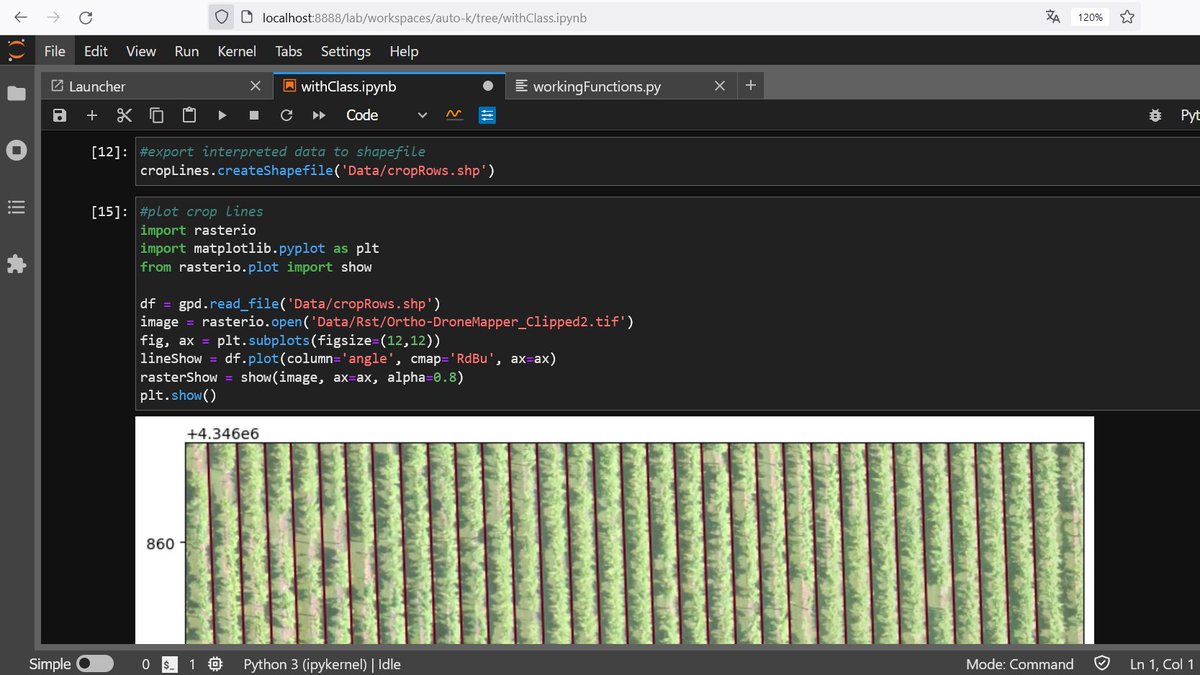 An applied example of crop line recognition using a Python class:
A Python class for crop line recognition with Rasterio and Scikit Image - Tutorial
Give it a like!

hatarilabs.com/ih-en/a-python…