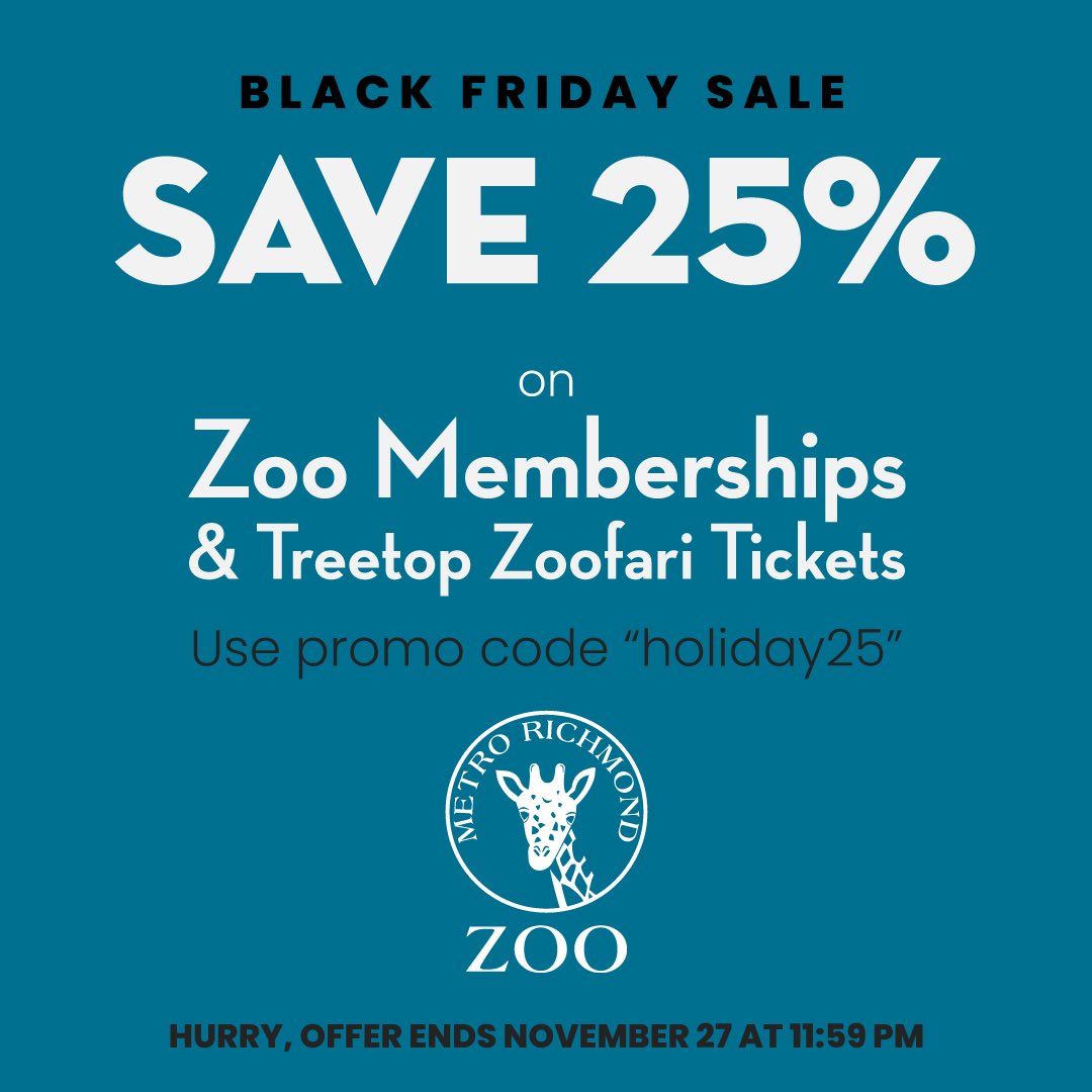 Give an experience gift this holiday season! Save 25% on zoo memberships and Treetop Zoofari tickets. Discount applied automatically online. Hurry, offer ends November 26 at 11:55 PM. Save now: shorturl.at/lGNR8 #rva #BlackFriday2023