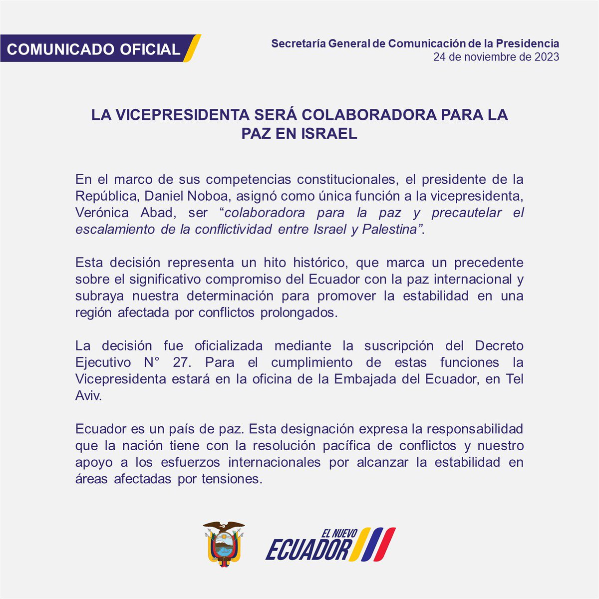 Sanchezmendieta's tweet photo. #URGENTE: Daniel Noboa, presidente del Ecuador, le asigna como única función a Verónica Abad, vicepresidenta, colaborar para lograr la paz entre Israel y Palestina. La envía a la oficina de la Embajada del Ecuador en Tel Aviv. https://t.co/jNfpN1IRv9