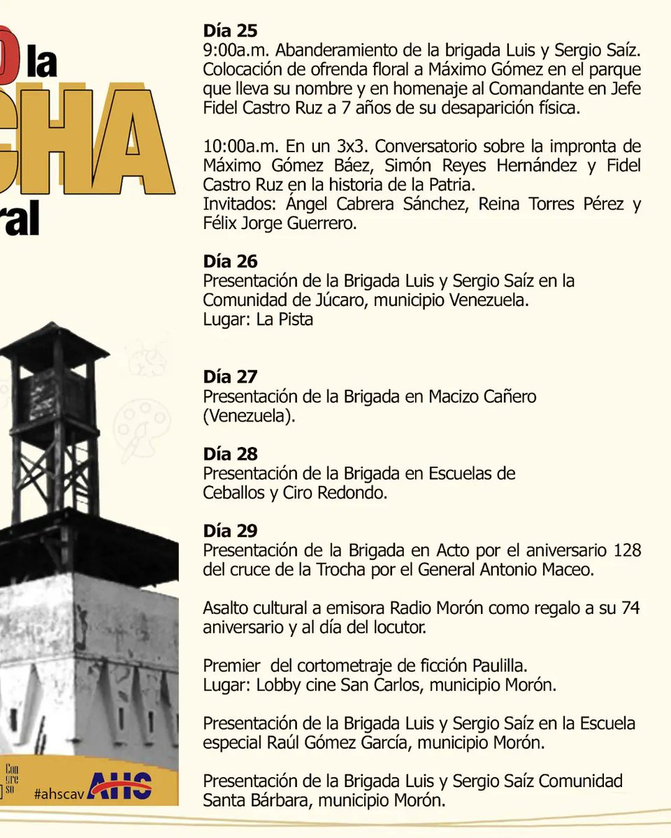 📢Revivimos la trocha de Júcaro a Morón con esta cruzada cultural.

🤩Te proponemos intervenciones comunitarias de varias brigadas artísticas del 25 al 29 de noviembre.

Acompáñanos en este viaje.Te dejamos el programa. Avísale a todos.
#EventoAHS #AHS #ArteJoven
<a href="/AhsCiegoDeAvila/">AHS Ciego de Avila</a>