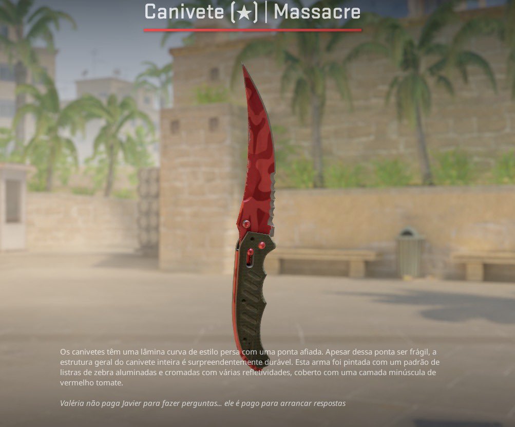 salve rapaziada.

aproveitando o momento da black friday, anuncio que estou vendendo minha faca (estado da skin é testada em campo).

para mais informações e negociações deixo disponível a dm e a steam (nos comentários).

steam: 
🏷️ R$2.649,46
cmg:
🏷️ R$1.987,09

rt's = comissão