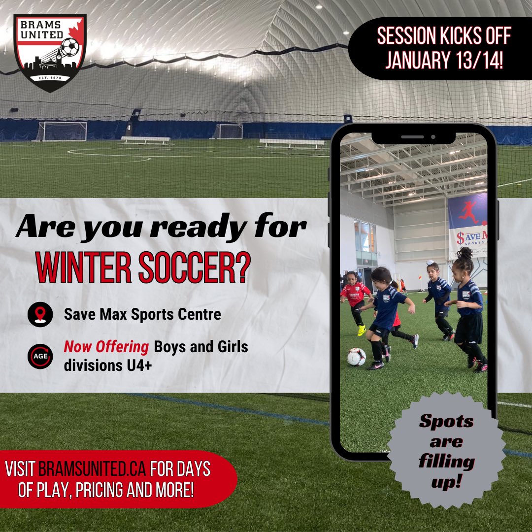 BramsUnited's tweet photo. Gear up for winter fun with Brams United Soccer Club! ⚽❄️ Don't miss out – registrations are filling up fast! Secure your spot on the field today. Winter soccer awaits! #BramsUnited #WinterSoccer https://t.co/RyXG0zDeDM