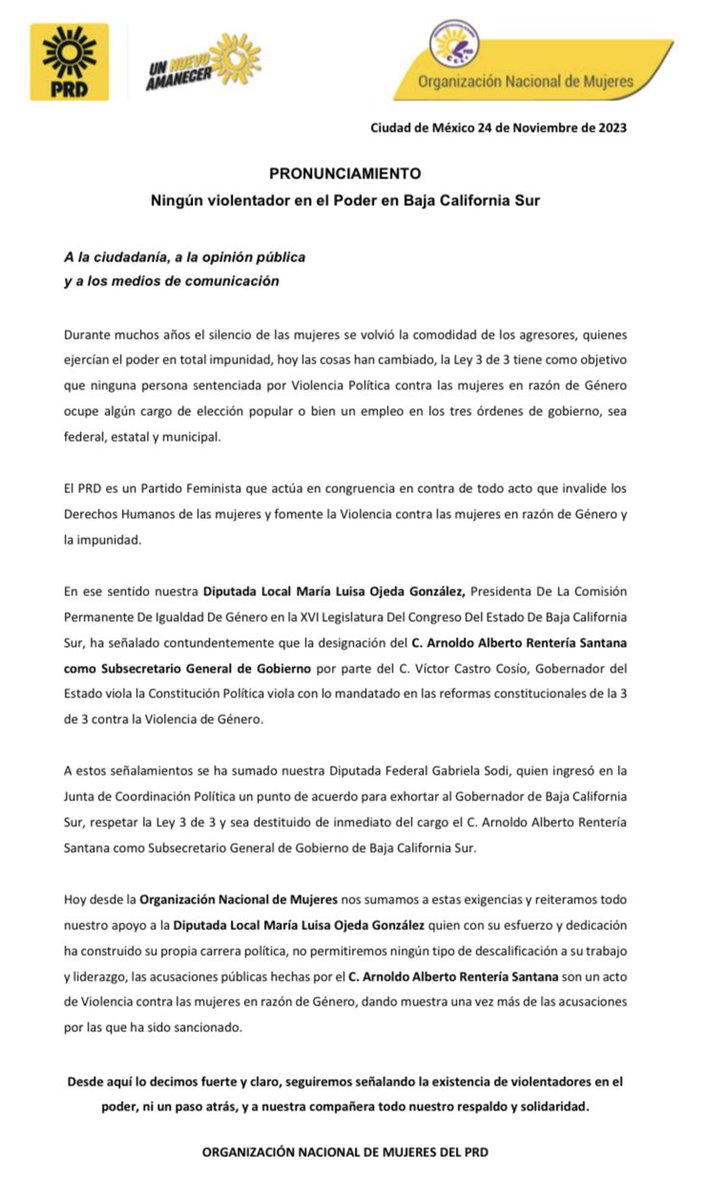 ONMPRD's tweet image. Desde la ONM nos pronunciamos: Ningún violentador al poder en #BCS
Exigimos al gobernador @VictorCastroCos aplique lo mandatado en las reformas a ley sobre #3de3vsViolencia de género. 
@DipOjeda tiene toda nuestra solidaridad y apoyo en esta lucha, #NiUnPasoAtrás