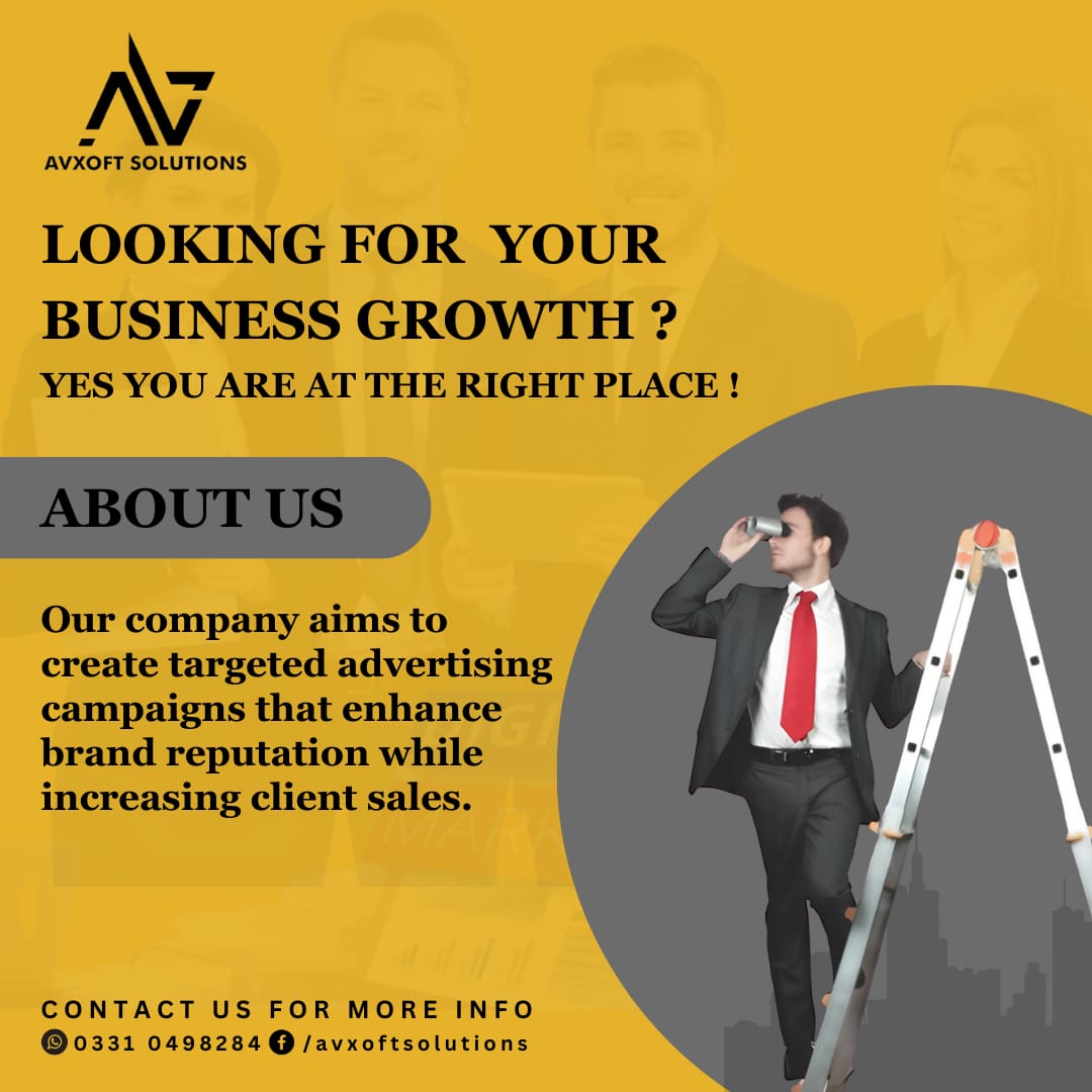 Looking for your business growth? Yes, you are at the right place.
For more details
WhatsApp
No: 03310498284 / 03009534204
#Avxoftsolutions #Graphicdesigning #DesignEmpowerment #Uiuxdesign #Digitalmarketing #Graphicexpert #socialmedia #SuccessStories #businessgrowth