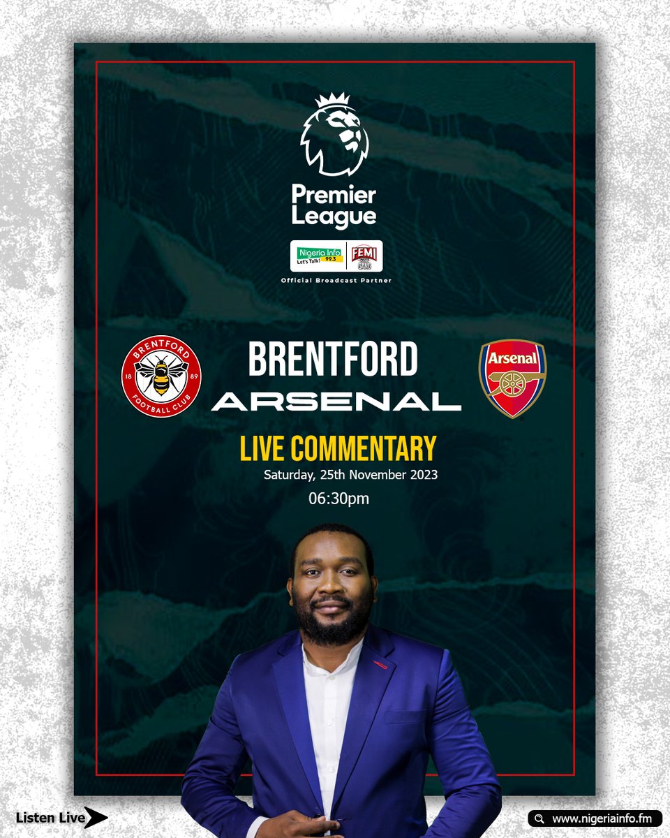 NigeriainfoFM's tweet photo. Depending on the outcome of Manchester City vs Liverpool', Arsenal could potentially end the weekend at the top of the Premier League table with victory over Brentford.

What is your prediction?
Listen here: https://t.co/htxNwMvXXm
🎙️@emiearth 
#FATGlive #BREARS #TalkSPORTLive https://t.co/2yMxvbYC72
