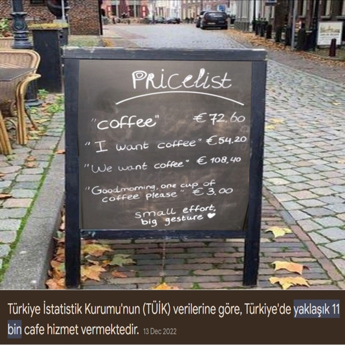 Avrupada bir cafenin fiyat listesi:
"Kahve"                     72,60eur
"Kahve ver"               54,20eur
"Bize kahve ver"        108,40eur
"Gunaydin, rica
etsem 1 kahve
verir misin?"              3,00eur
Az caba. Buyuk jest.
