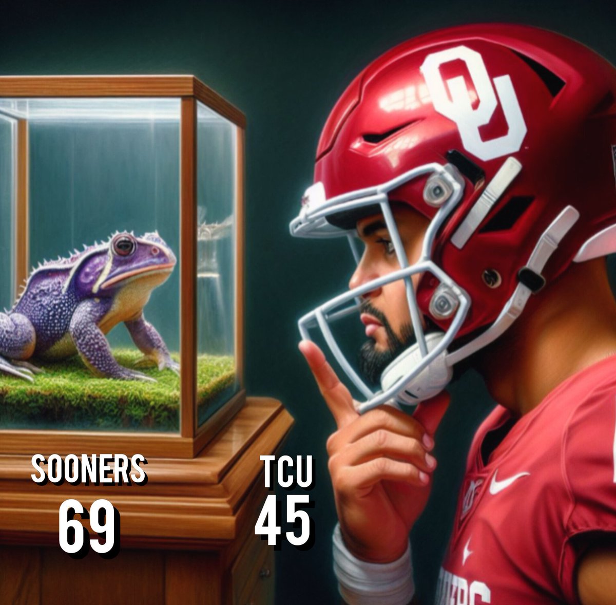 St0nerSportsPod's tweet photo. There was nowhere for the #HornedFrogs to escape from the dominance of the #Sooners in OU's final regular season game as part of the #Big12
#OUDNA #Boomer #GoFrogs #AllSteakNoSizzle #BoomerSooner #OUvsTCU #TCUvsOU https://t.co/0alO0DrLUi