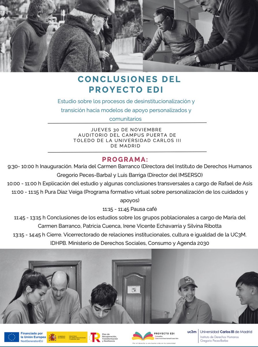 IDHUV's tweet photo. ‼️ 30 de noviembre👉Presentación de las Conclusiones del Proyecto EDI.
Estudio sobre los procesos de desinstitucionalización y transición hacia modelos de apoyo personalizados y comunitarios @idhbc_uc3m 
Para seguir la presentación por Youtube 👇👇:
https://t.co/RbL86cc4EL https://t.co/jWFasDb0aK