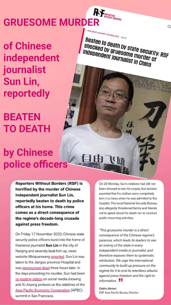 FBstory by #ChinaAlarm of today:

“This gruesome #murder is a direct consequence of the #ChineseRegime’s paranoia, which leads its leaders to see an enemy of the state in every independent #media or #journalist, & therefore exposes them to systematic retribution../1

@JanvBenthem