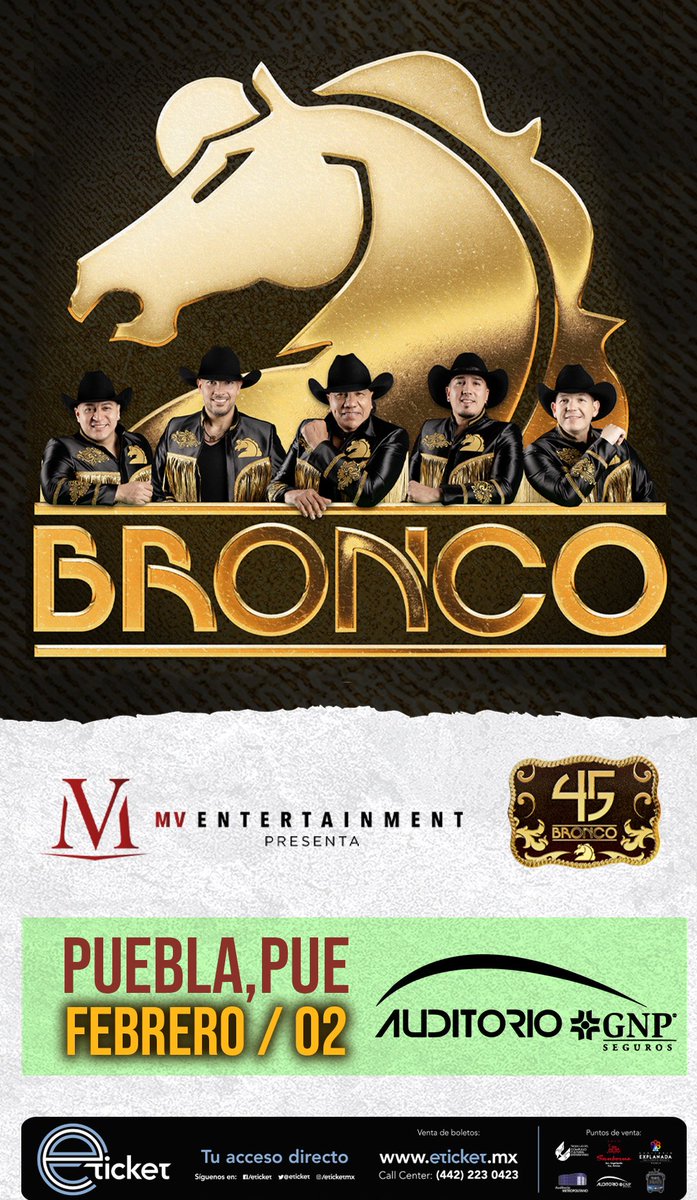 Hoy sale a la venta los boletos para poder ver a Bronco este 2 de Febrero en el Auditorio GNP Seguros  en Puebla 

eticket.mx/masinformacion…