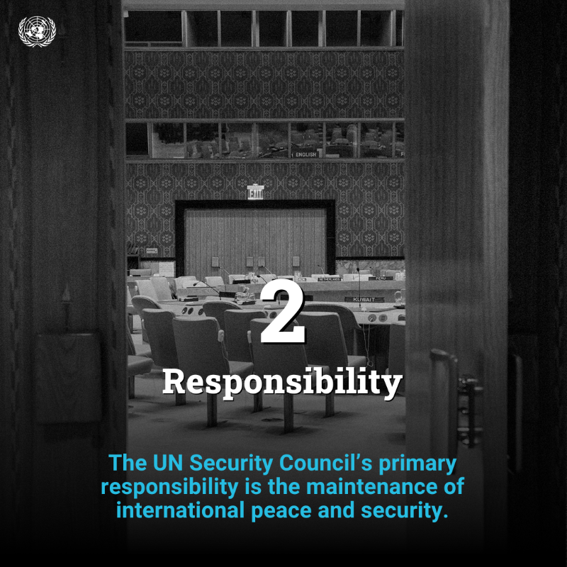 UN's tweet photo. The Security Council is made up of 15 UN member countries.

Its primary responsibility is the maintenance of international peace &amp; security.

➡️ Scroll through to learn more.