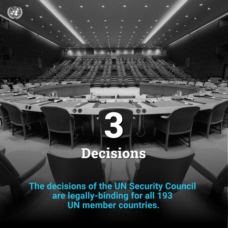 UN's tweet photo. The Security Council is made up of 15 UN member countries.

Its primary responsibility is the maintenance of international peace &amp; security.

➡️ Scroll through to learn more.