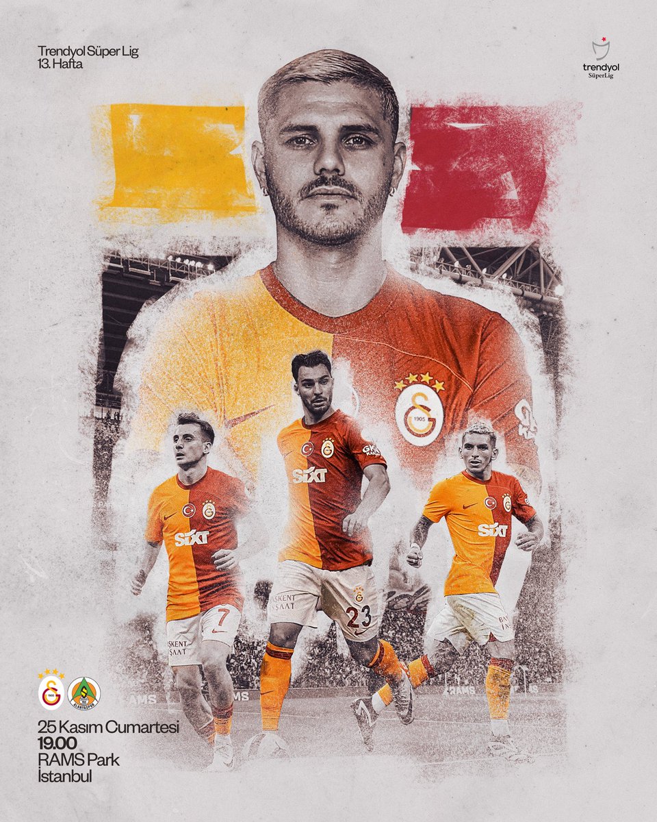 #BugünGünlerdenGALATASARAY 💪

🏆 Trendyol Süper Lig 2023-2024 Sezonu
🗓️ 13. Hafta
⚽ C. Alanyaspor
📆 25.11.2023
⏰ 19.00
🏟️ Ali Sami Yen Spor Kompleksi RAMS Park
📲 #GSvALN