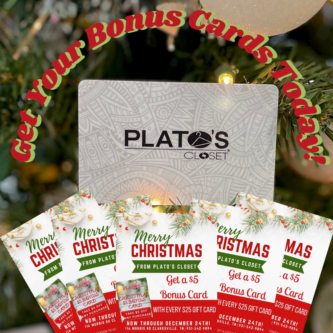 PcClarksvilleTN's tweet photo. Gift cards are always a great gift for Christmas!!🎁  And now, with every $25 activated to a gift card you will receive a $5 bonus card!!❤️

#clarksvilletn #apsu #shoponline #giftcard #christmas #gentyused  #pcclarksvilletn #platoscloset #shoplocal https://t.co/ho2IJh0Fzq
