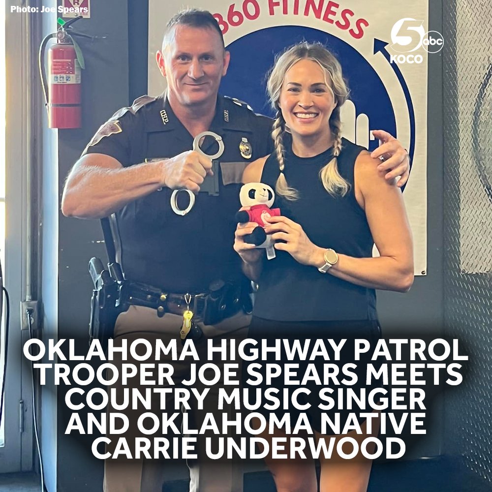 koconews's tweet photo. 🎸 COUNTRY STAR SPOTTED! OHP Trooper Joe Spears got to work out with Oklahoma native Carrie Underwood this week. She was also given an Oklahoma State Troopers Association bear. https://t.co/8FEeUrzMM1