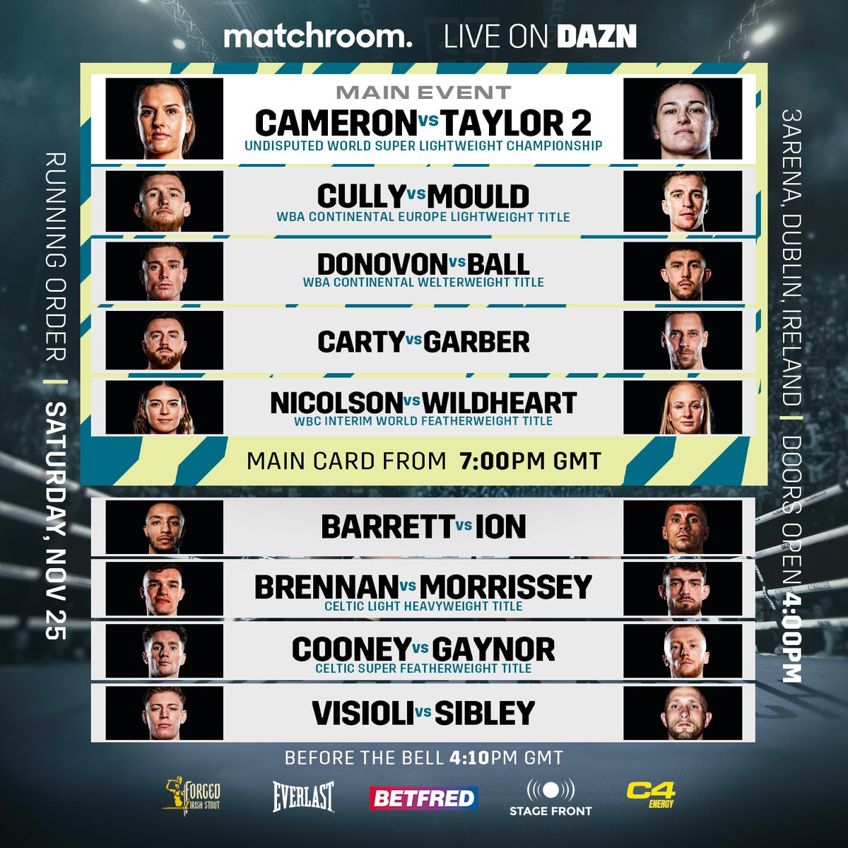 📜 Running order for #CameronTaylor2 tomorrow It all goes down at the @3ArenaDublin live on @DAZNBoxing 👊