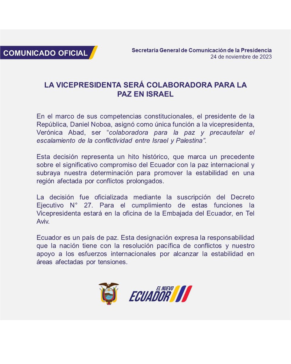 LaDefensaEc's tweet image. De lejitos | La vicepresidenta Verónica Abad (@veroniabad) cumplirá su única función desde la #Embajada en #TelAviv.
Abad fue designada por el presidente Daniel Noboa como colaboradora para la paz en #Israel, en medio del conflicto con #Palestina.
