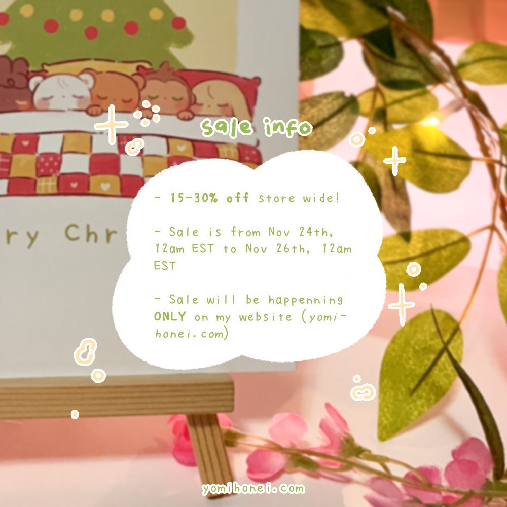 Tiny sh0p update is live~!! ✨ AND black friday sale~ 15-30% site wide from november 24th, 12am EST to november 26th, 12am EST! Discount will automatically apply at checkout! Please come check it out when you can ♡

New stuffs:
♡ 3 greeting cards
♡ 2 sticker sheets