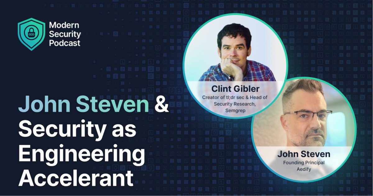 semgrep's tweet photo. π£ Have you listened to the #ModernSecurityPodcast yet? Host @clintgibler and guest John Steven (@m1splacedsoul) from Aedify discuss scaling security teams and fostering a culture of "secure-by-default." Tune in here π§π‘ https://t.co/oBAdNLrsLv π https://t.co/Bxsyz43vKn